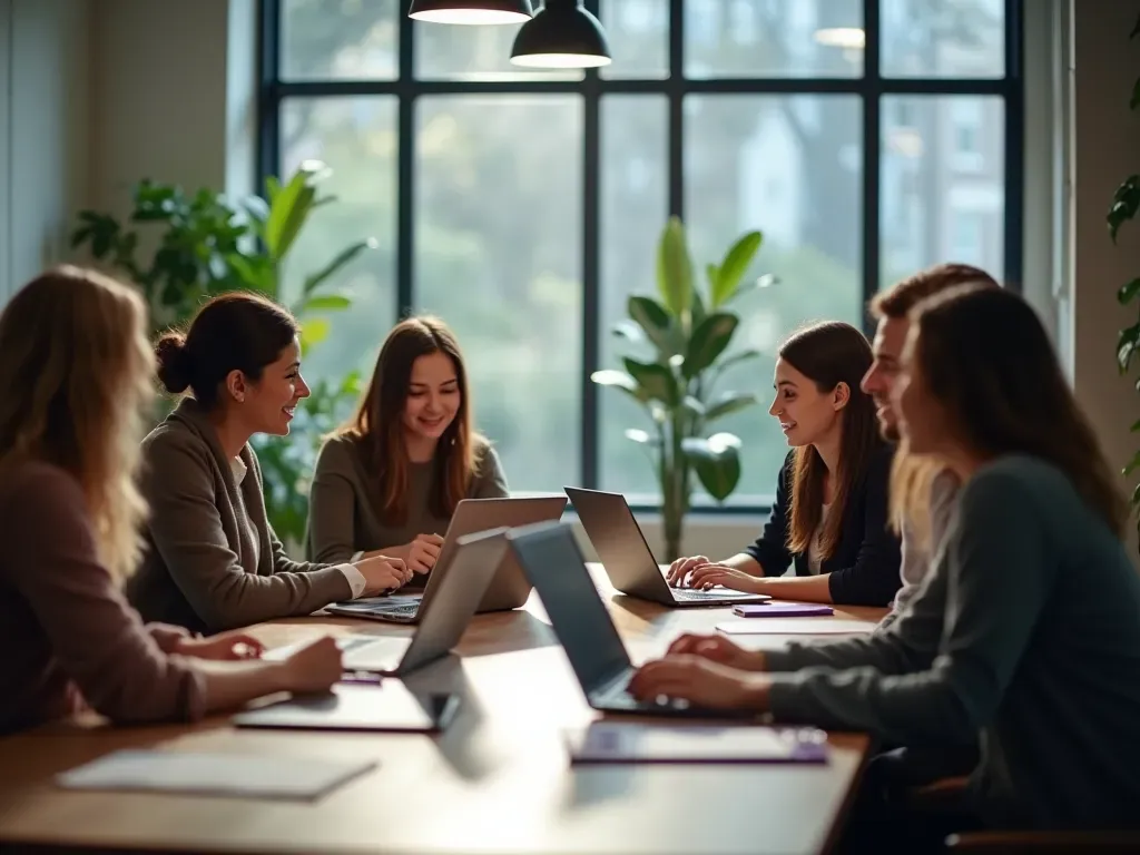 A diverse group of young professionals collaborating in a modern open-plan workspace, engaging in discussion around a table with laptops and notebooks, bright ambient lighting
