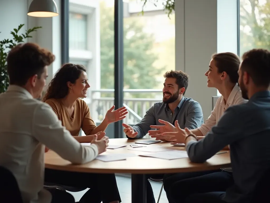 A group of diverse adults sitting around a round table in a bright modern co-working space. They are engaged in an animated conversation, using hand gestures and smiling. Notebooks and tablets are on the table. Natural lighting, warm atmosphere, no visible text or branding.