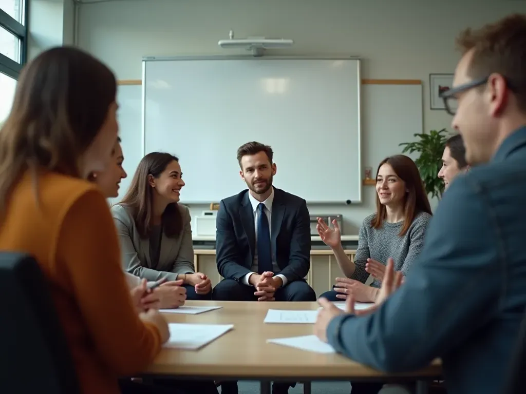 A group of diverse students sitting in a circle having an animated conversation with a professional instructor in a modern classroom.