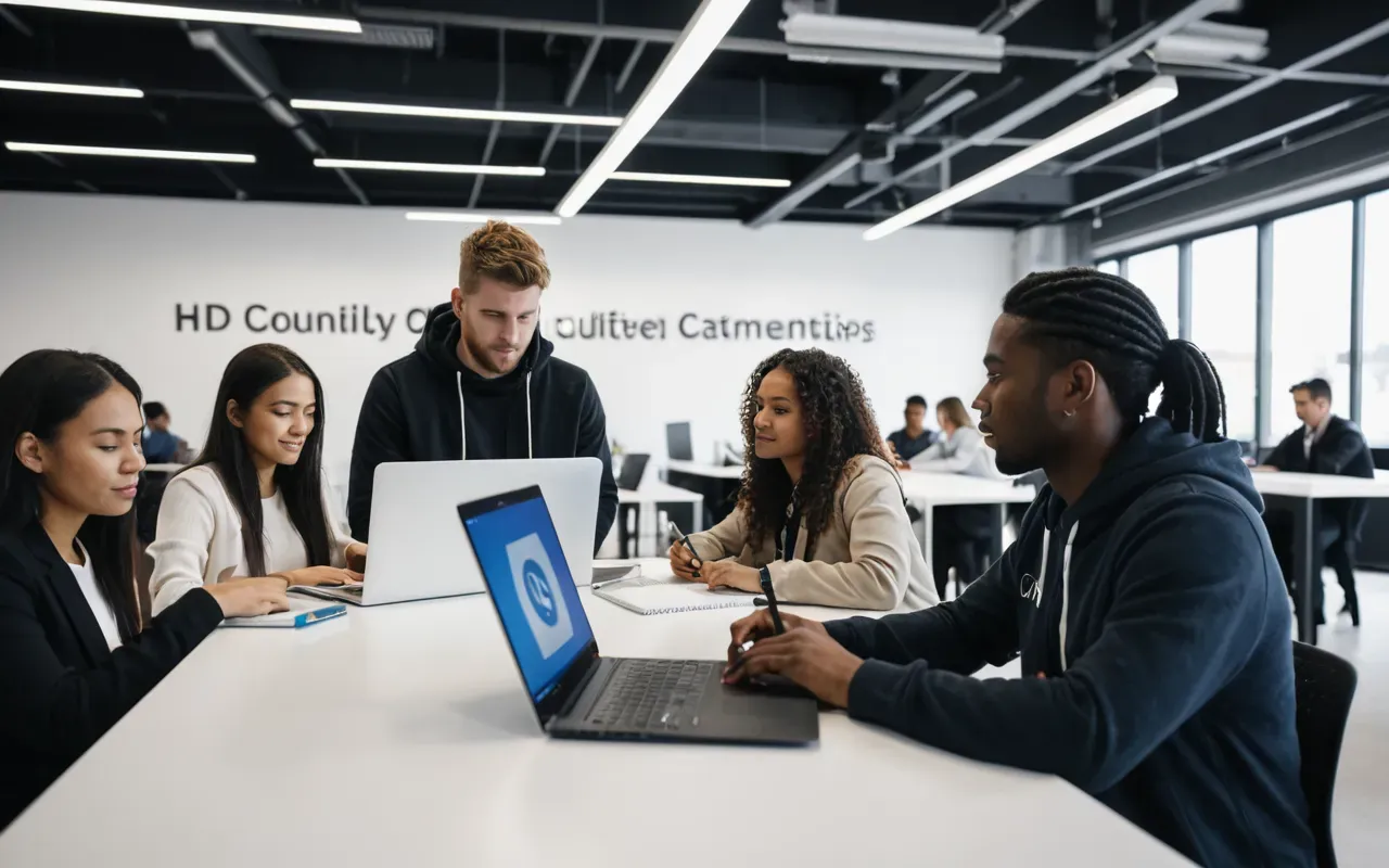 A group of diverse young adults collaborating in a bright modern office space with laptops and notebooks on a white table