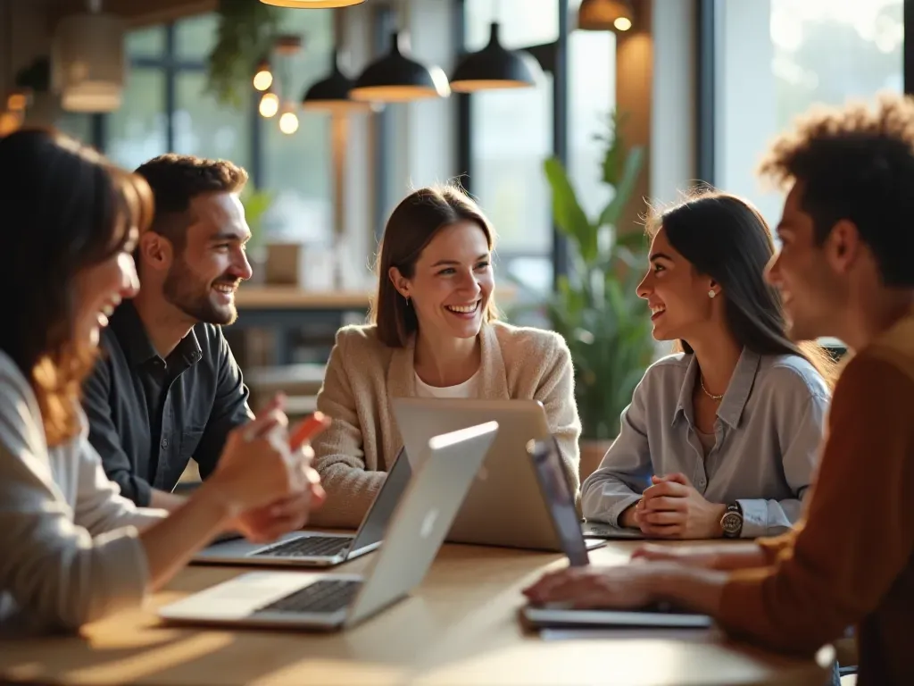 A group of young adults laughing and chatting in a bright modern coffee shop setting. Laptops are open on the table but ignored as people focus face-to-face conversation. Warm ambient lighting creates an inviting atmosphere.