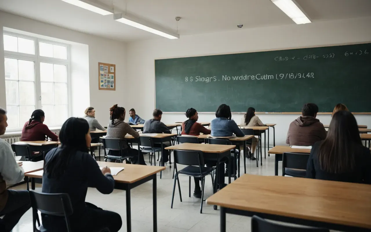 A modern bright classroom interior with a diverse group of adults sitting at desks. A female instructor stands near an interactive digital whiteboard displaying colorful abstract shapes and graphs representing language learning progress. The lighting is soft natural daylight from large windows, creating a welcoming educational atmosphere.