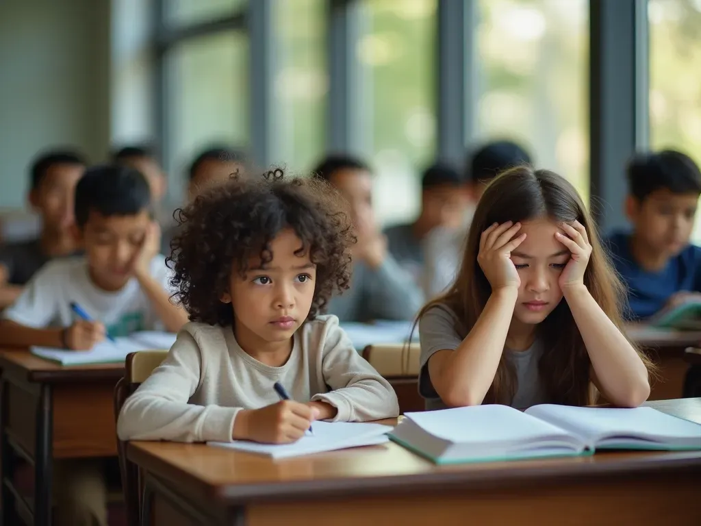 A modern classroom setting with diverse students looking frustrated while staring at complex grammar books on their desks. Natural daylight streams through large windows illuminating dust particles in the air. The atmosphere is tense and academic but confusing.