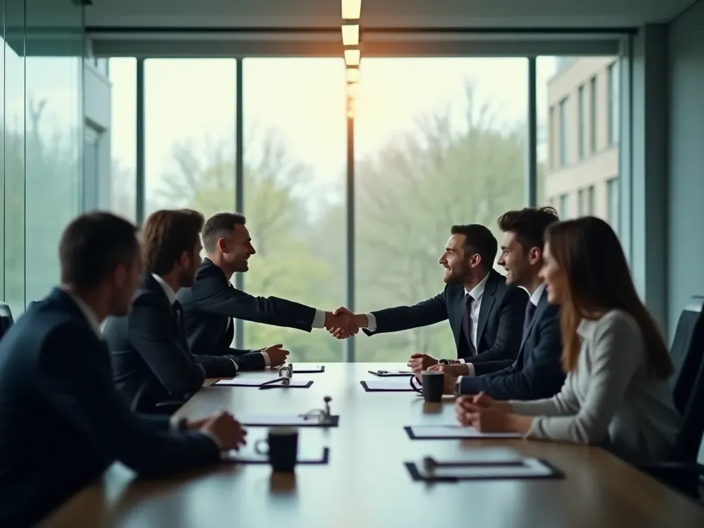 A modern glass-walled conference room with diverse professionals shaking hands across a table. Natural light floods the space. Neutral business attire. No text or logos visible on screens or papers.