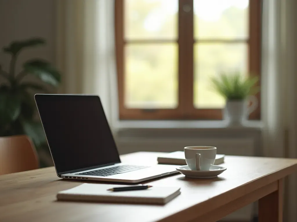 A modern minimalist study space with a wooden desk, a laptop, a notebook, a pen, and a cup of coffee. Soft natural daylight streams through a large window. The scene feels calm and focused, with neutral tones and clean lines. No text or logos visible.
