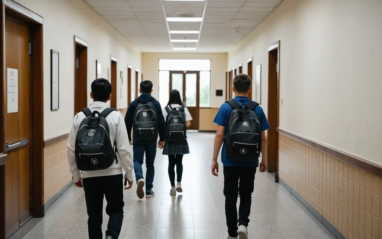 A modern school hallway with students walking and carrying backpacks, bright natural lighting from large windows, neutral colors on walls, no visible text or signage.