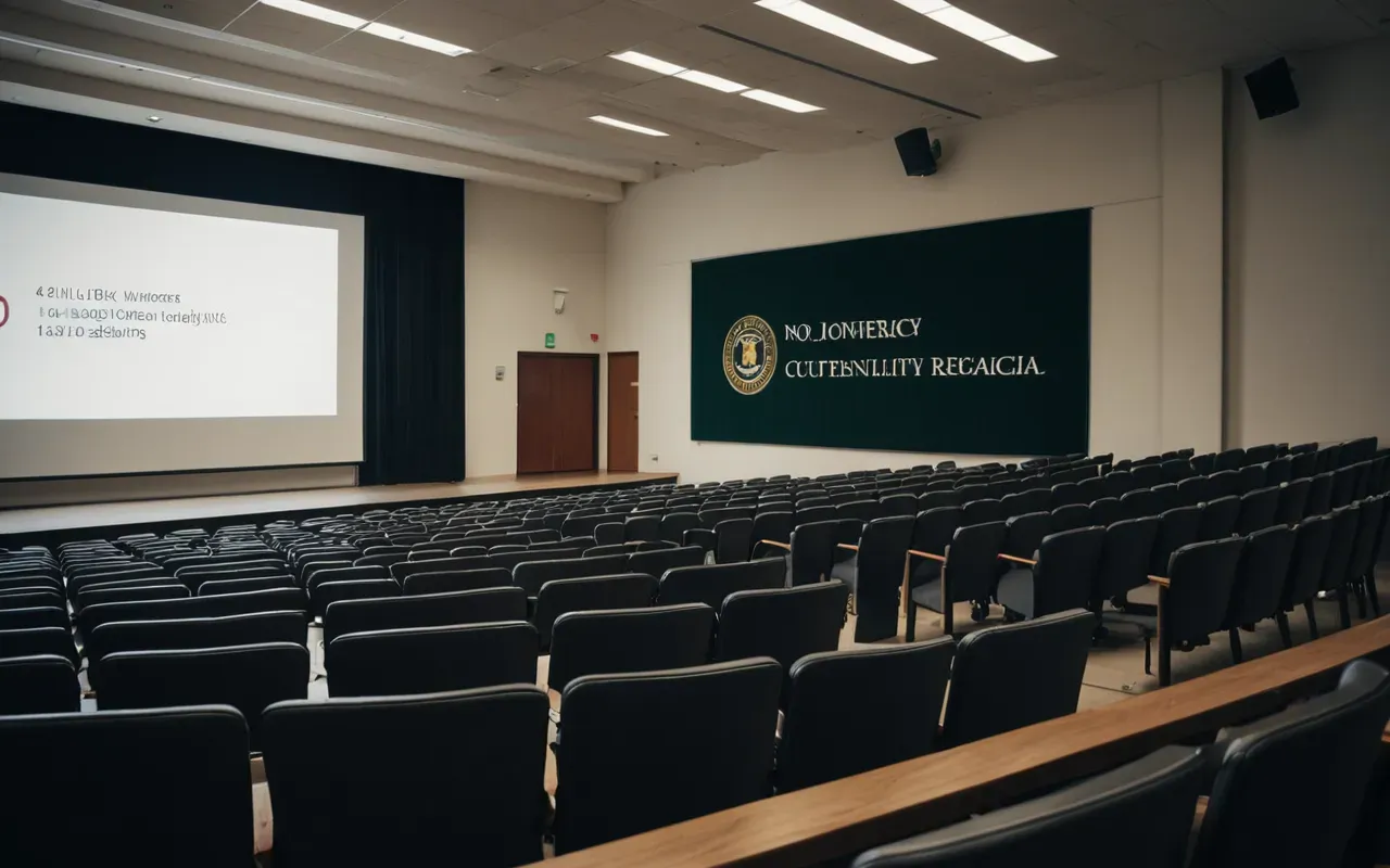 üniversite paneli atmosferi A modern university lecture hall with a speaker standing at the front addressing an attentive audience of students and academics.