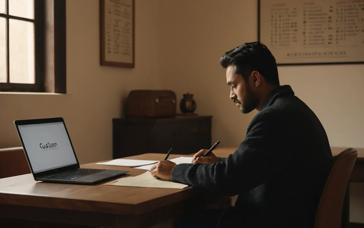 A person sitting at a desk in a minimalist study room reviewing documents under warm artificial lighting with a laptop open