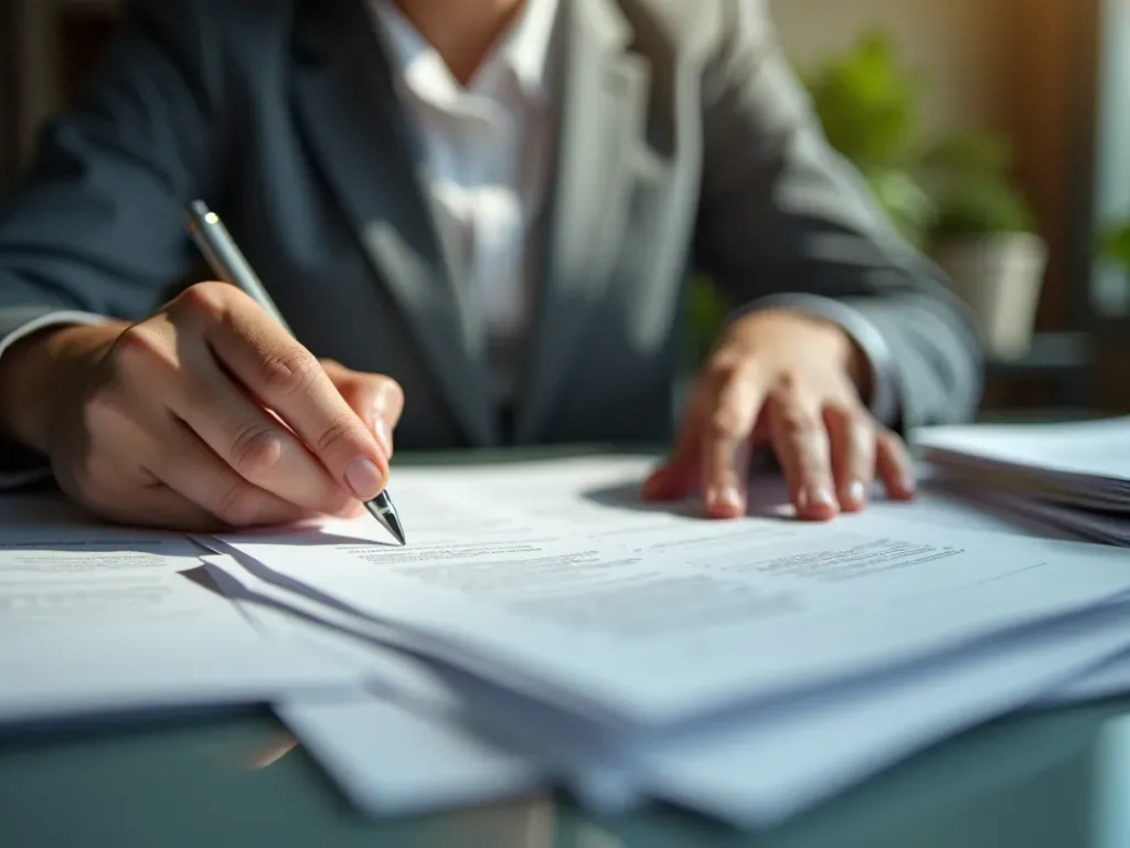 A person sitting at a desk organizing papers and documents. A calm workspace with soft lighting. Focus on the hands and paper stack.