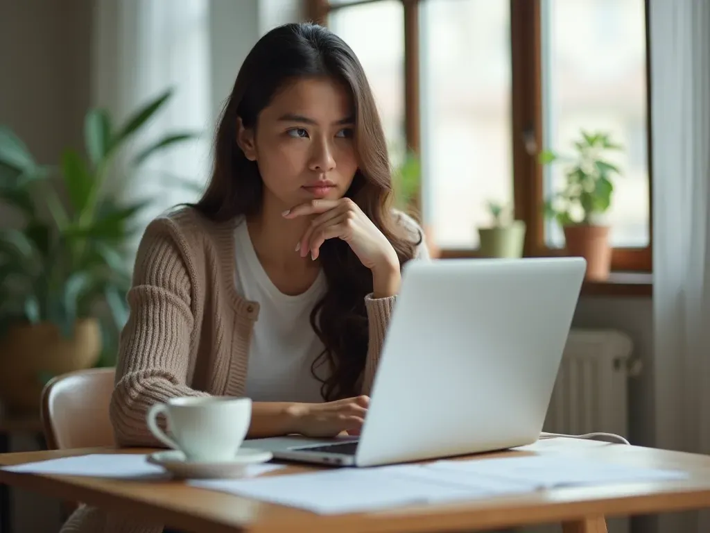 A person sitting at a modern desk with a laptop and coffee cup, looking thoughtful while working on language exercises in a bright room.
