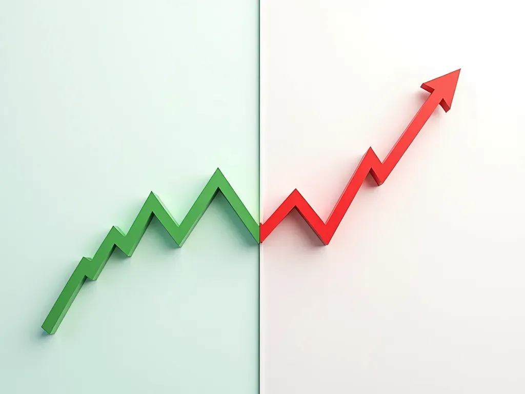 A split conceptual visual showing two abstract graphs side by side on a clean white wall. One graph trending up in green, the other flat or declining in red. No text labels.