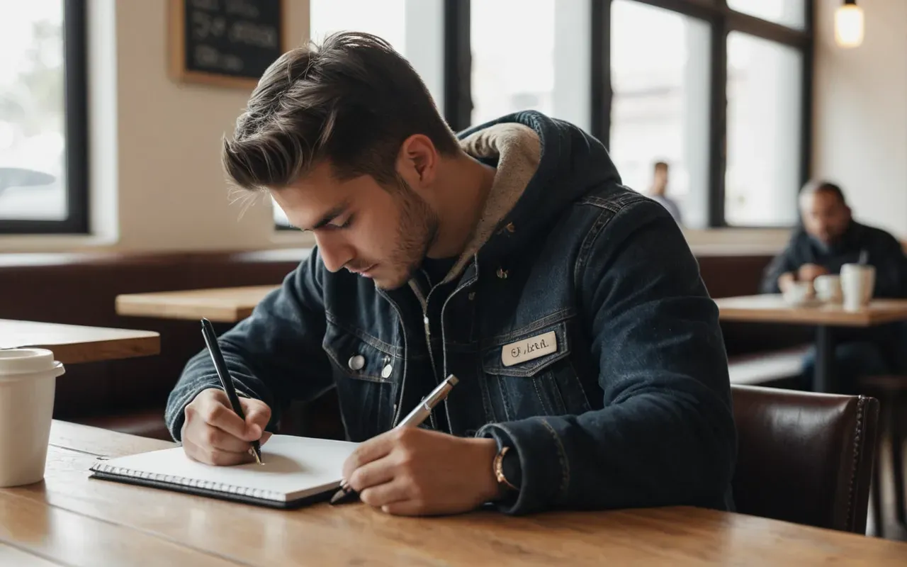 stresli ogrenci A young adult sitting alone at a modern cafe table looking stressed while holding an open notebook and pen near coffee cup bright daylight natural lighting neutral interior background