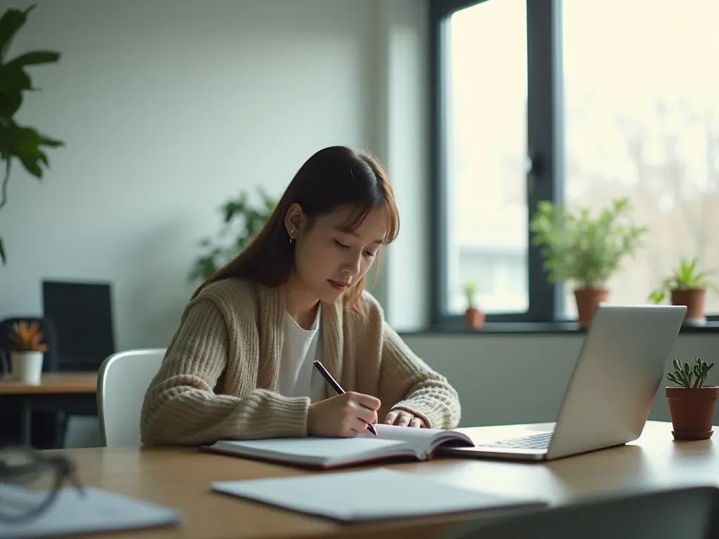 A young adult student sitting at a modern minimalist desk in a bright office space, studying with an open notebook and a laptop, soft natural light from large windows, professional atmosphere