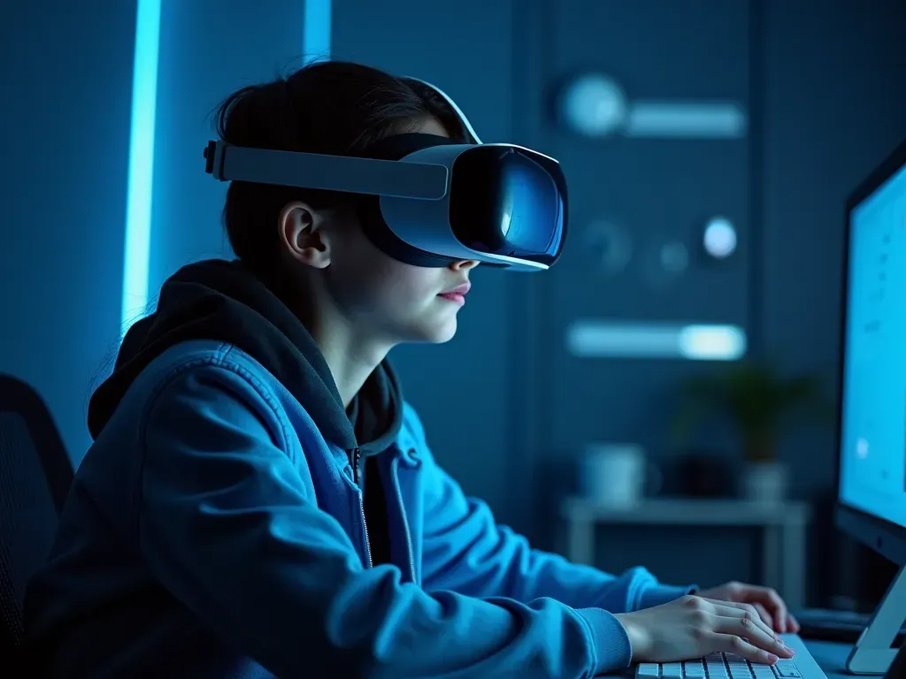 A young adult wearing a VR headset while sitting at a modern desk with glowing blue lighting, focused expression.