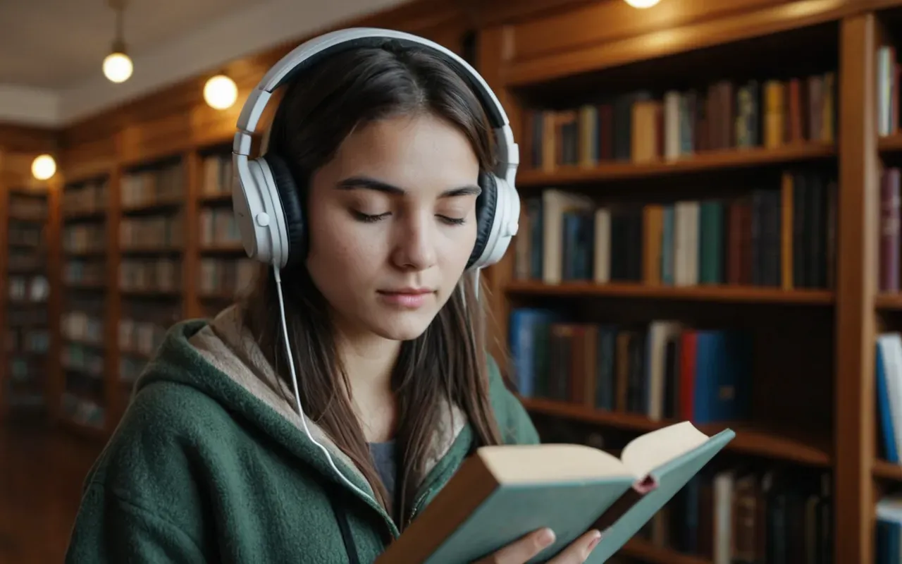 A young woman wearing headphones practicing pronunciation in a quiet home library with soft ambient light and books on shelves
