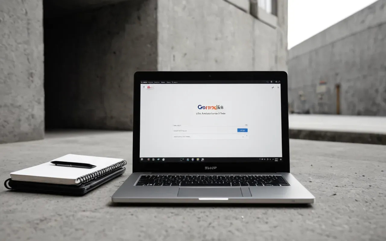 Clean editorial still life of a modern laptop and notebook on a concrete surface with diffused soft light and monochrome neutral tones