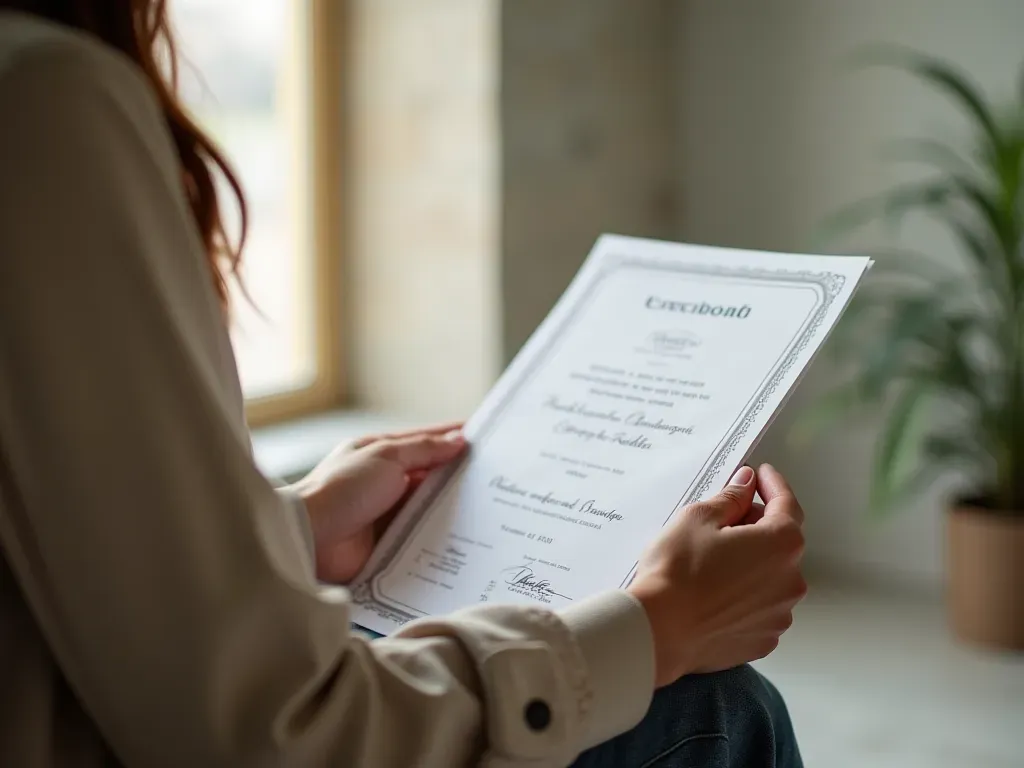 dil sertifikası programları Close up of a person holding a certificate in their hands with soft natural light and clean minimal background, editorial photography style