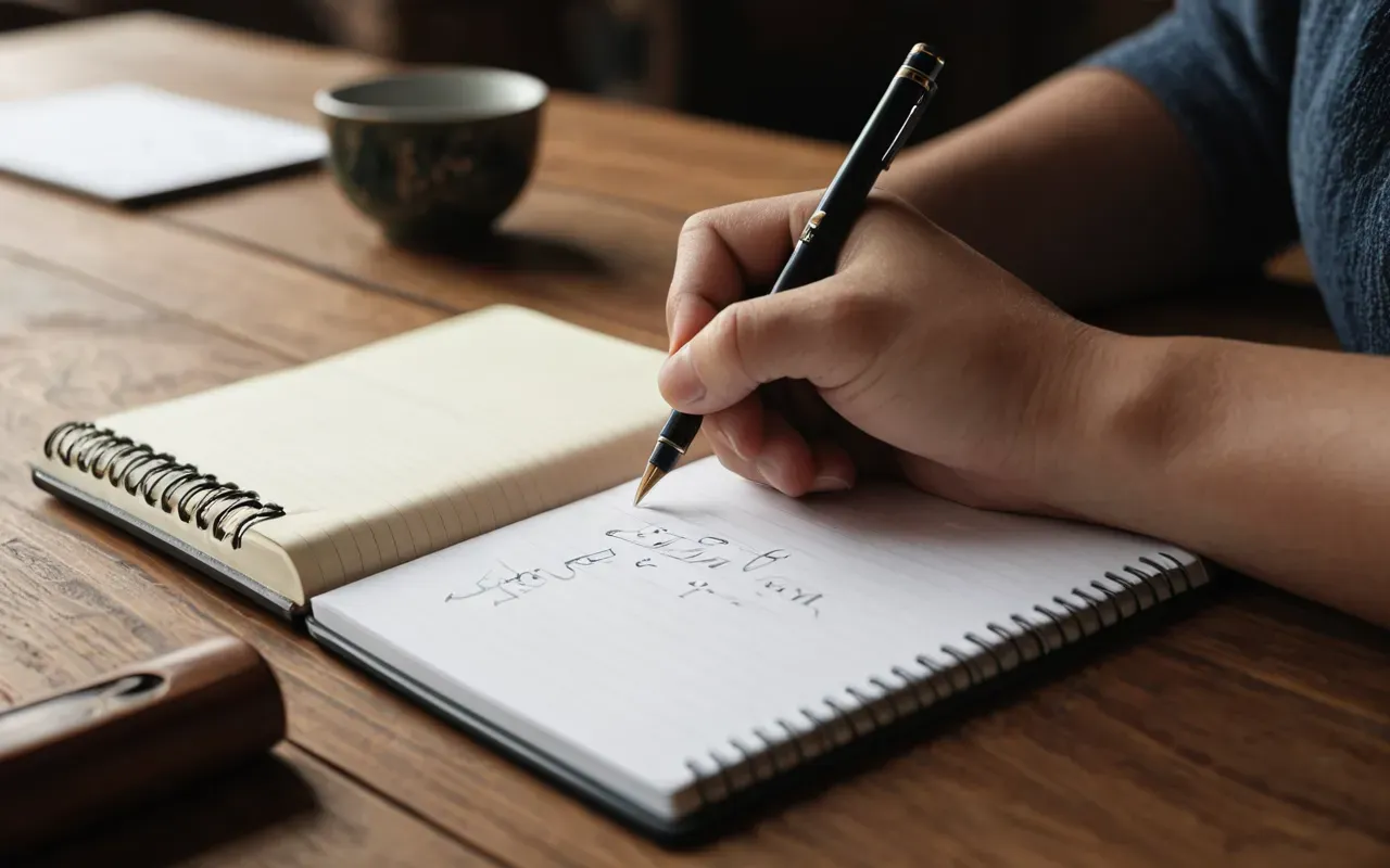 Close-up of a person's hands writing in a notebook on a clean wooden desk with soft lighting and shallow depth of field