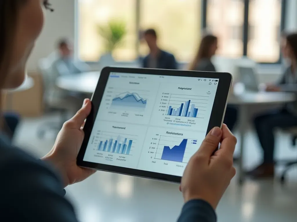 kurs seçimi karşılaştırma Close up of hands holding a tablet displaying generic educational charts in a modern bright office setting with shallow depth of field and neutral tones