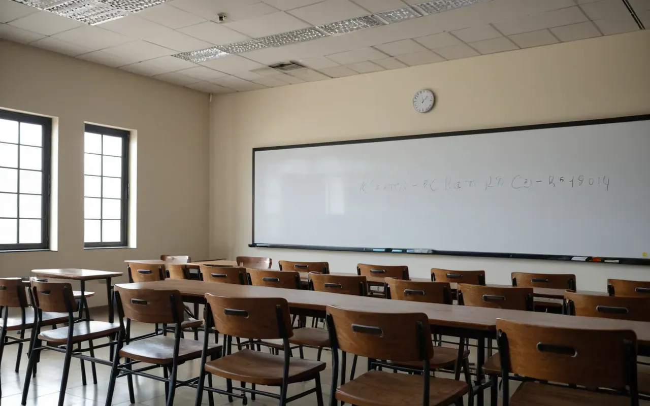 Empty modern classroom with rows of wooden chairs facing a large whiteboard under soft natural light from floor-to-ceiling windows