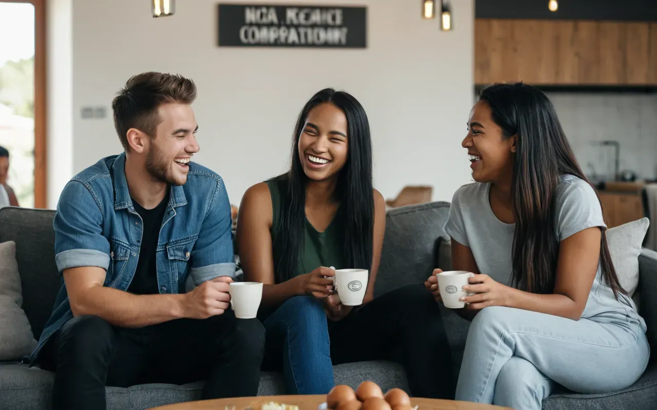 sosyal ogrenme ortamı Group of diverse young adults laughing and talking together in a bright modern living room with comfortable sofas holding coffee cups casual friendly atmosphere natural window light