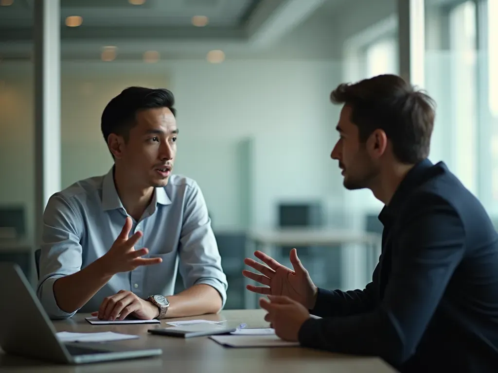 Two people talking in a modern office environment. One person is explaining something with hand gestures while the other listens intently.