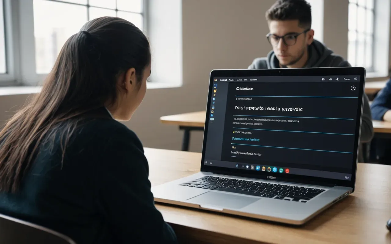 Two students sitting at a desk in a modern co-working space. One student is focused on a laptop screen showing a language learning interface with progress bars and quiz icons. The other student is taking notes in a notebook while looking up to ask a question, indicating an interactive learning environment.