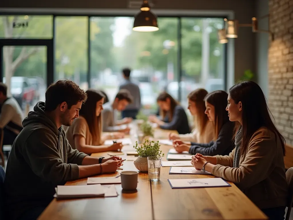 öğrenci motivasyonu Wide shot of a diverse group of young adults studying together at a large wooden table in a bright modern cafe with natural light and neutral tones, editorial photography style