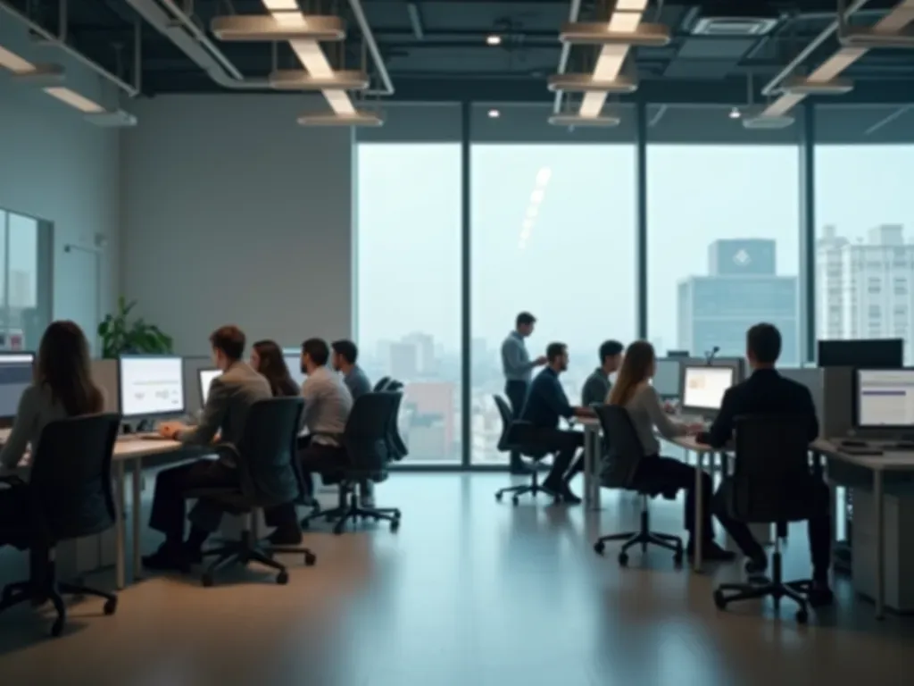 kariyer dil eğitimi Wide shot of a modern corporate office with people working at computers, bright natural light and neutral color palette, editorial photography style