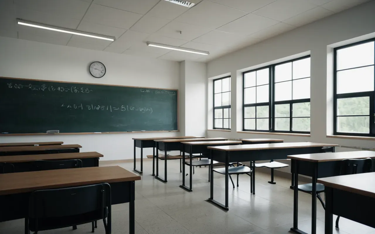 Wide shot of a modern minimalist classroom interior with large windows and soft natural daylight, editorial photography
