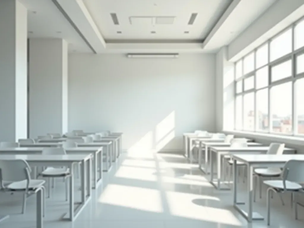 modern dil okulu sınıfı Wide shot of a modern minimalist classroom with clean white desks and soft natural daylight coming from large windows, editorial photography style
