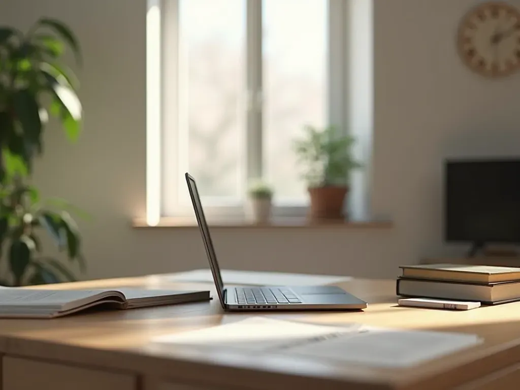 çevrimiçi dil kursu Wide shot of a modern minimalist home office with laptop and books on wooden desk, natural light from window, clean editorial photography style