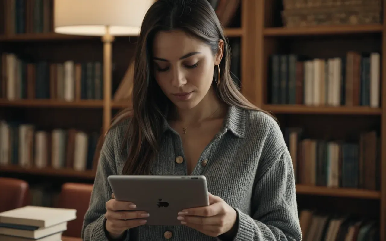 cevrimsi ogrenme ortamı Woman using tablet device in cozy home library surrounded by books soft warm lighting focused expression modern comfortable interior neutral tones natural daylight through large window