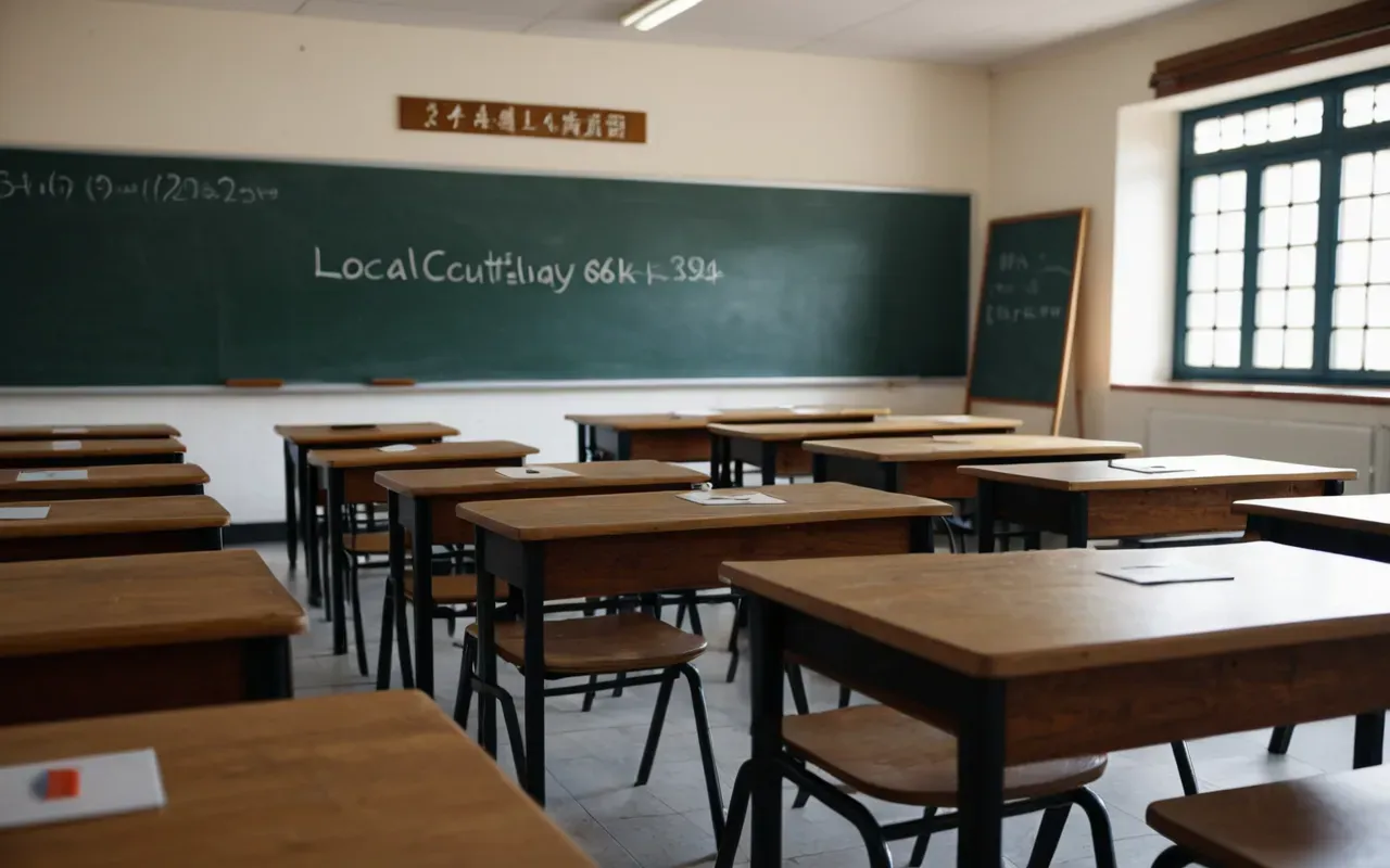 A bright classroom with wooden desks and a whiteboard, no text visible.