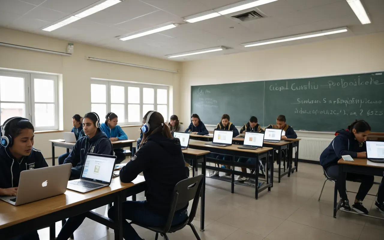 A bright modern classroom with students using laptops and headsets while an instructor observes from the side under natural light
