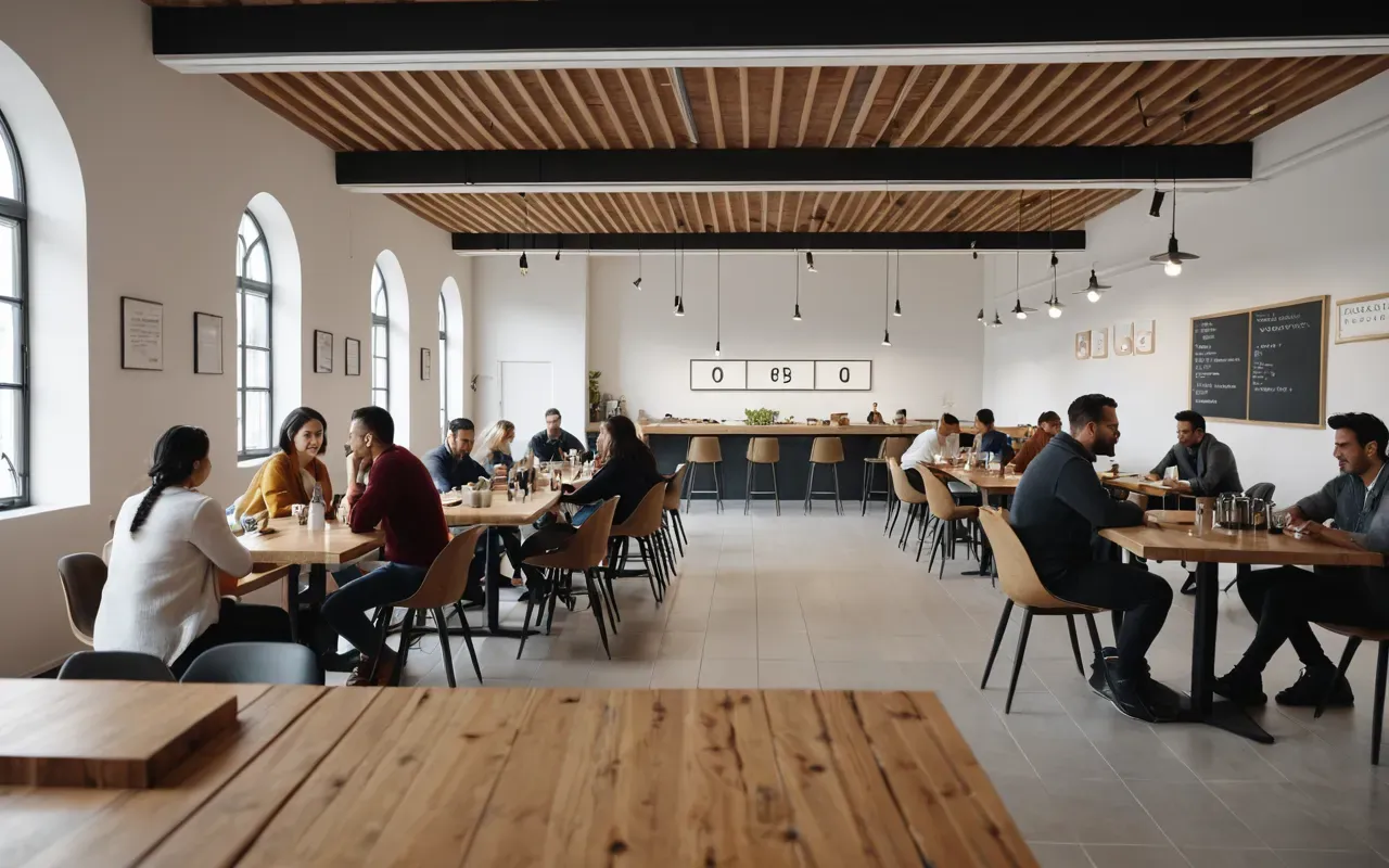 grup tartışma ortamı A bright modern co-working space with several people engaged in small group discussions at different tables, neutral tones and soft natural lighting