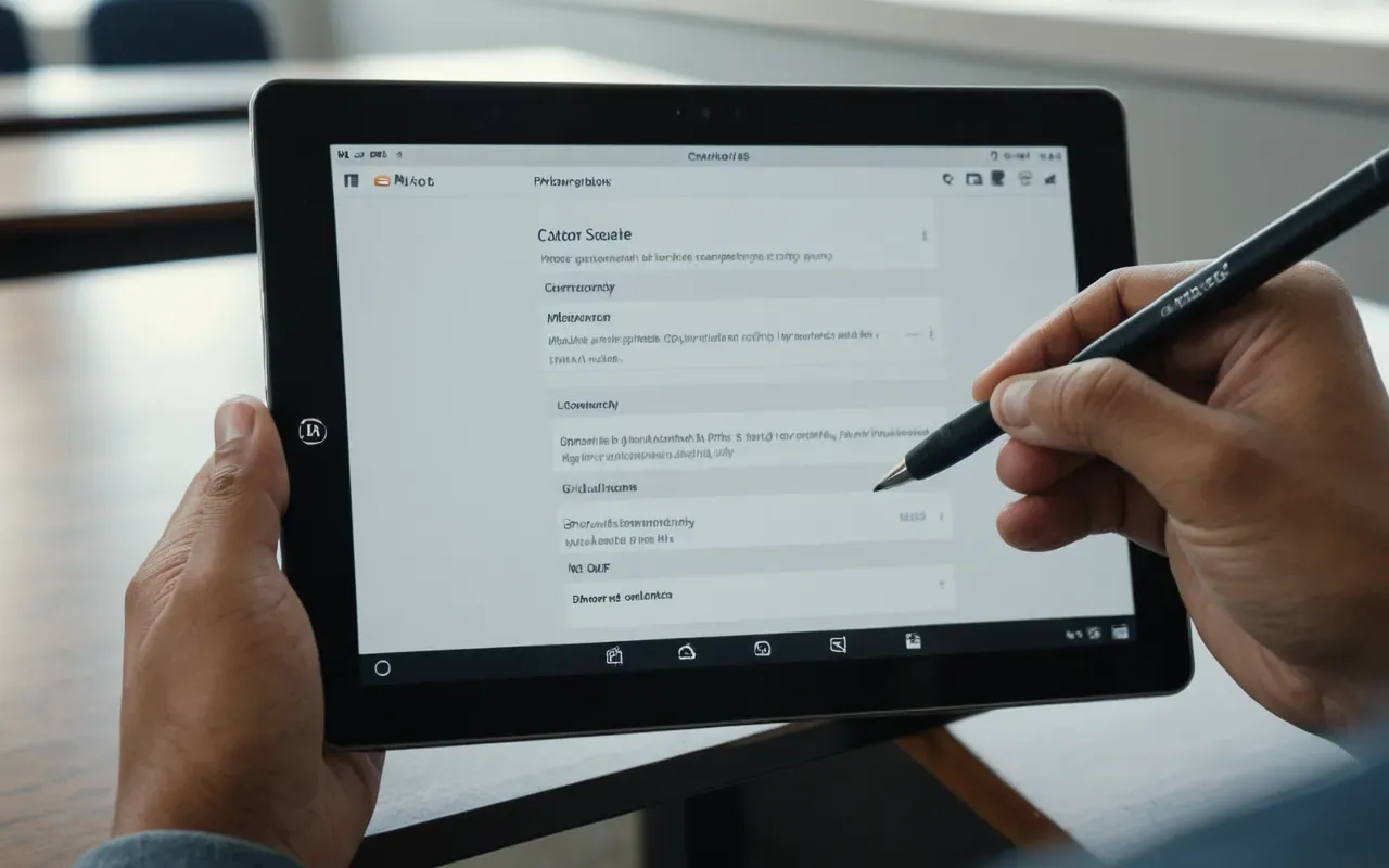 A close-up of a person's hand holding a stylus over a tablet screen in a bright study room. The focus is on the interaction with digital learning tools. The background shows blurred bookshelves and a plant, suggesting a modern educational environment.