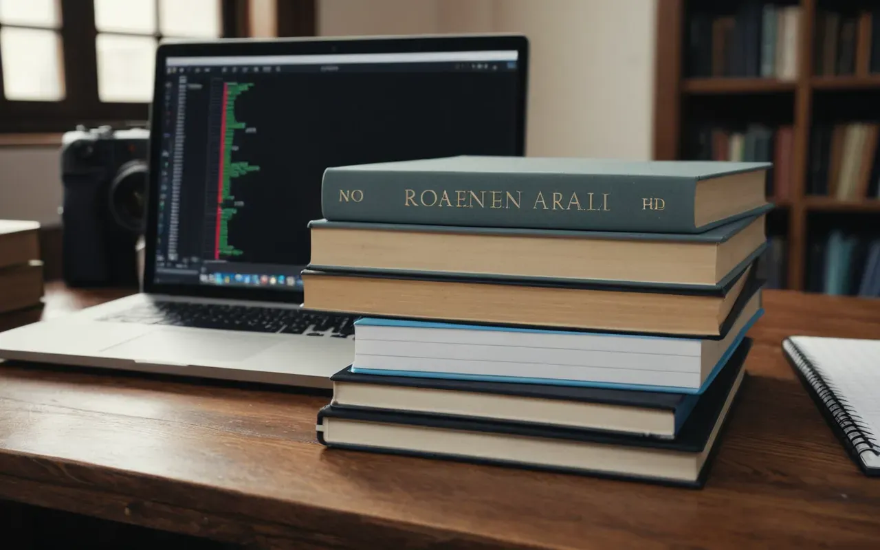 A close-up of a stack of modern textbooks and notebooks on a wooden desk. A laptop is open next to the books showing a generic graph screen with no text visible.