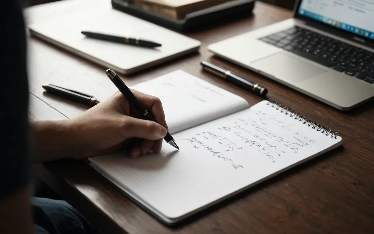 A close-up shot of a person's hands writing in a notebook with a pen. In the background slightly out of focus is an open laptop showing a generic document interface without any readable words. The desk has a cup of tea and some loose papers. The lighting is warm and focused on the workspace.