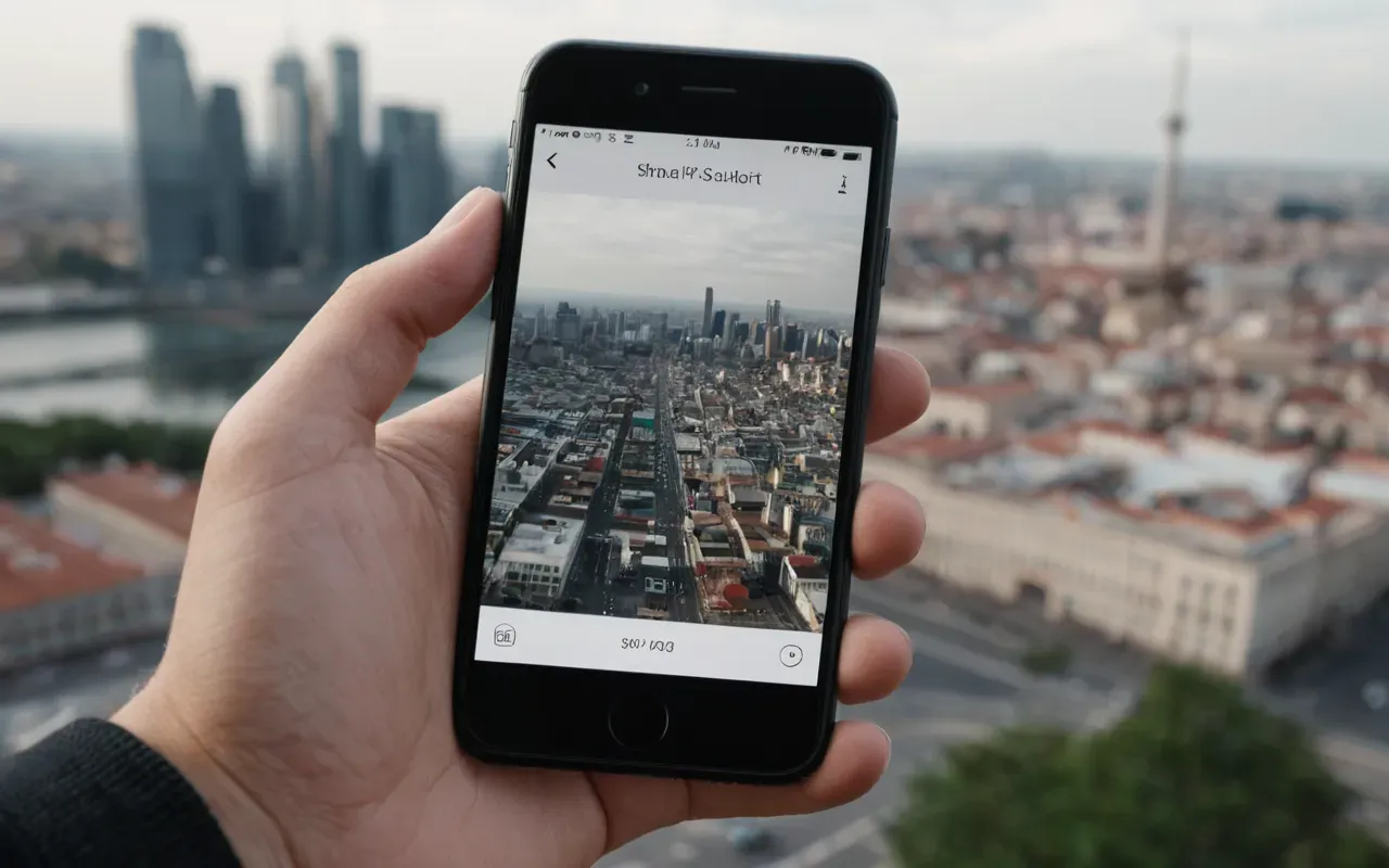 A close up view of a hand holding a smartphone with a blurred modern cityscape in the background, soft natural lighting and neutral tones