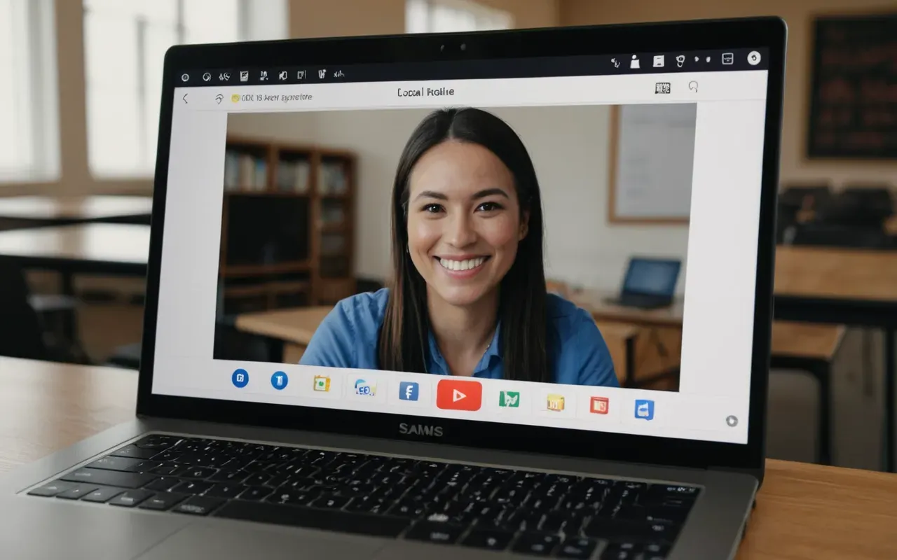 çevrimiçi dil eğitimi deneyimi A close up view of a laptop screen showing an online video call with a smiling teacher in a neutral background lighting.