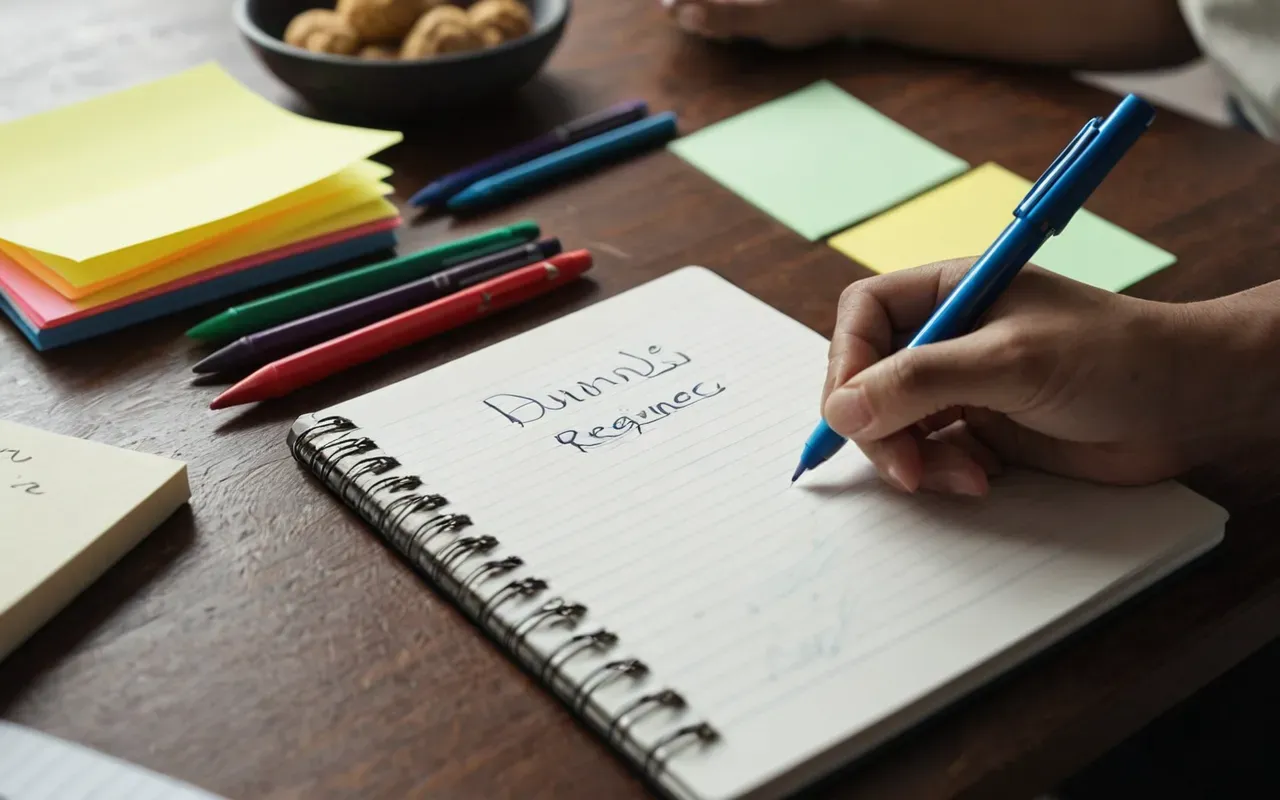 A close-up view of a person's hands writing in a notebook with multiple colored pens and sticky notes on a clean desk surface.