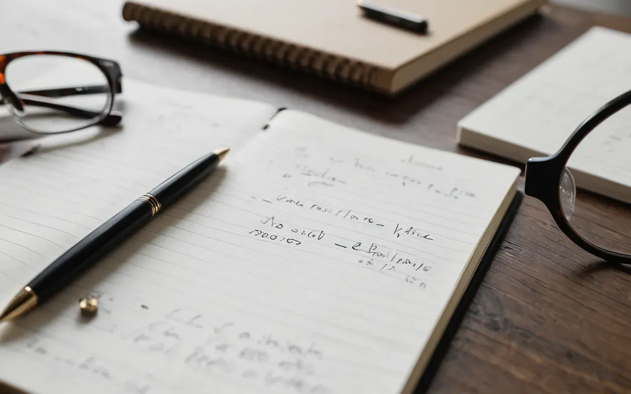 dil eğitimi notları A close up view of an open notebook filled with handwritten notes and diagrams next to a pair of glasses on a clean white desk surface under natural daylight.