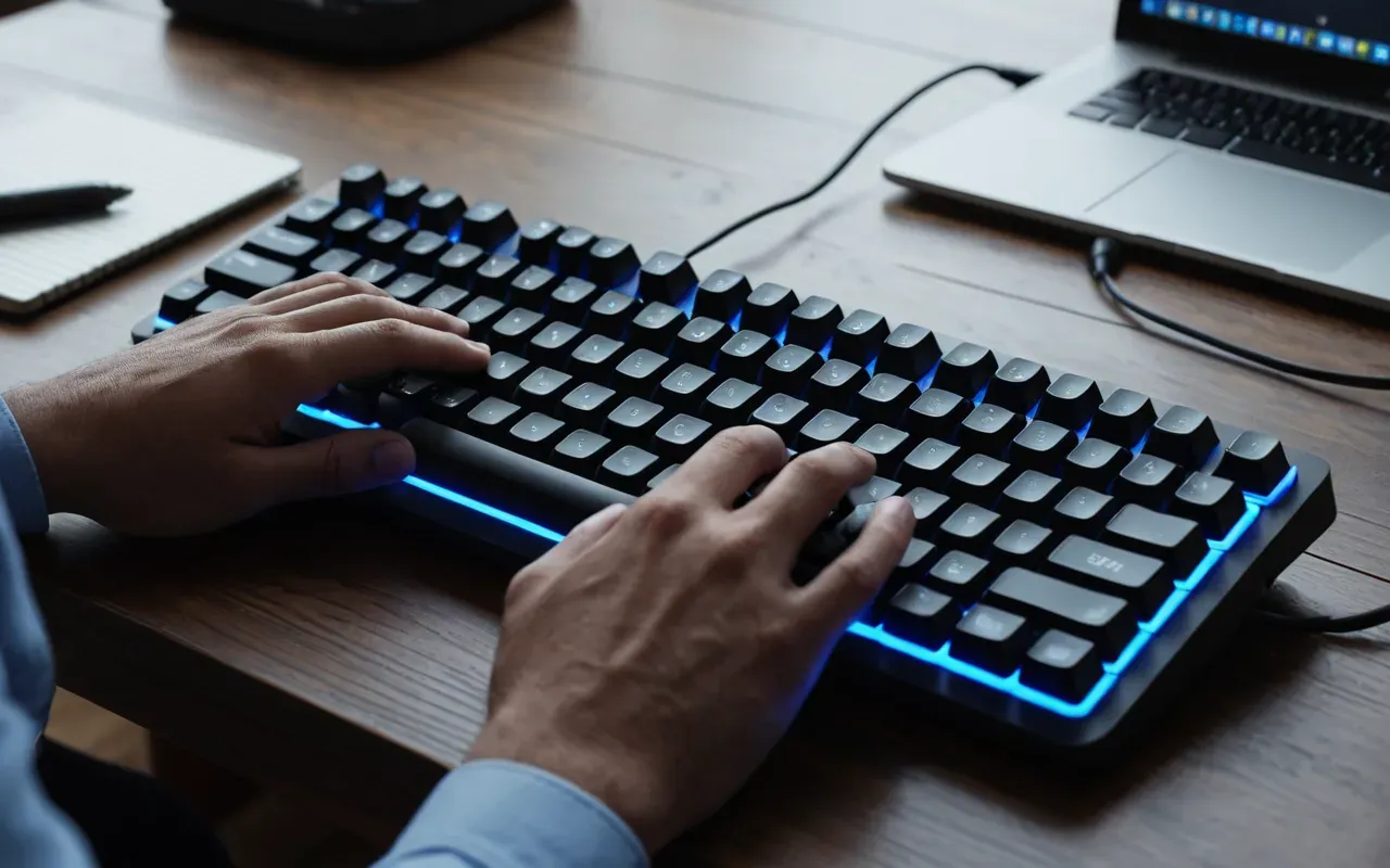 A close-up view of hands typing on a sleek mechanical keyboard with soft blue backlighting, resting on a clean wooden desk surface near a minimalist notebook and stylus pen, symbolizing focused digital language practice.