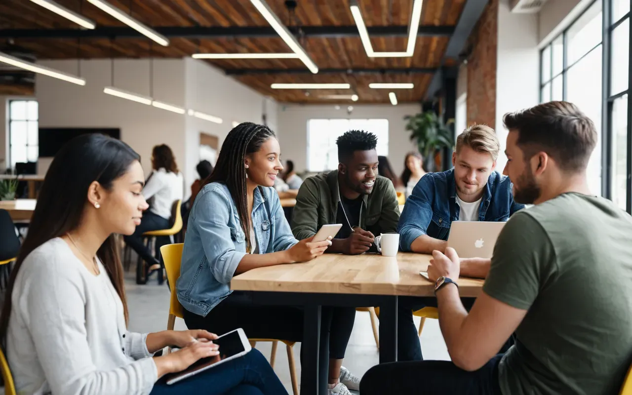 A diverse group of young adults sitting in a bright modern co-working space, engaged in conversation using tablets and laptops, natural daylight streaming through large windows, reflecting an international collaborative learning environment.