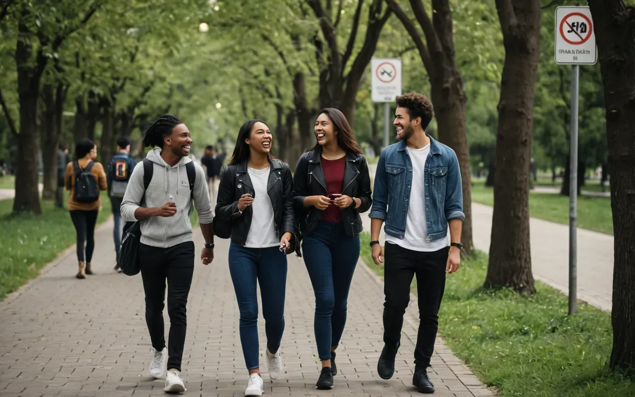 A diverse group of young adults walking together on a tree-lined pedestrian path in an urban park. They are laughing and gesturing while talking to each other. The scene is bright with dappled sunlight filtering through leaves, creating a warm and community-oriented atmosphere.