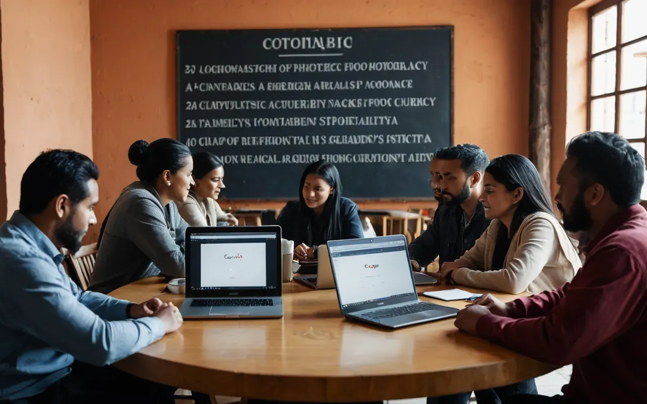 A group of people working together at a round table with laptops.