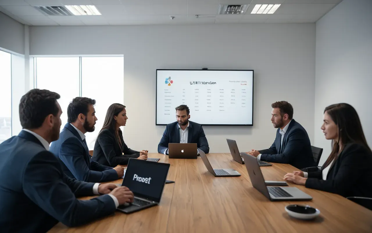 A group of professionals in a modern meeting room engaging in an intense discussion around a large table with laptops open.