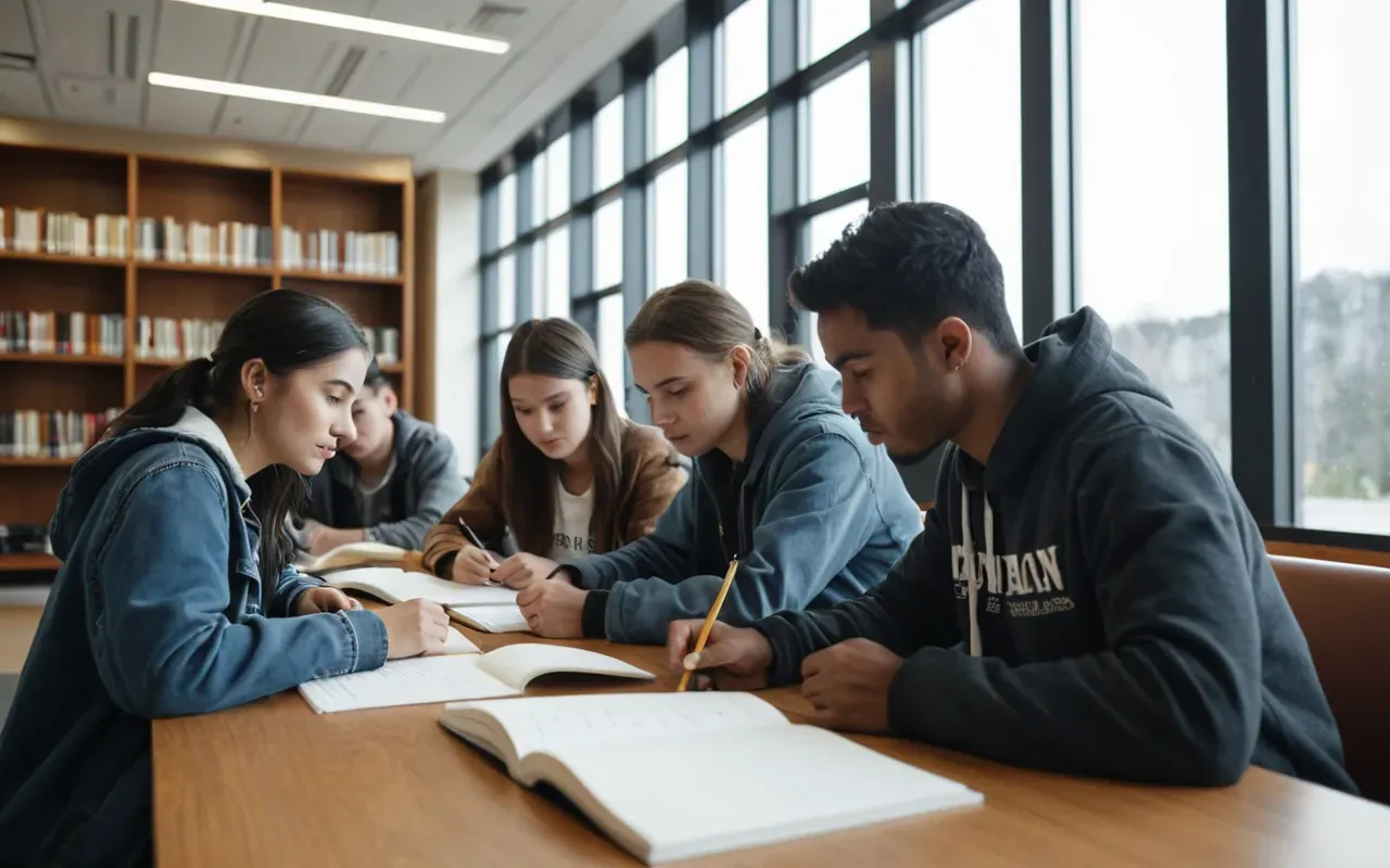 A group of students reviewing study notes together around a table in a bright modern library with large windows and soft lighting