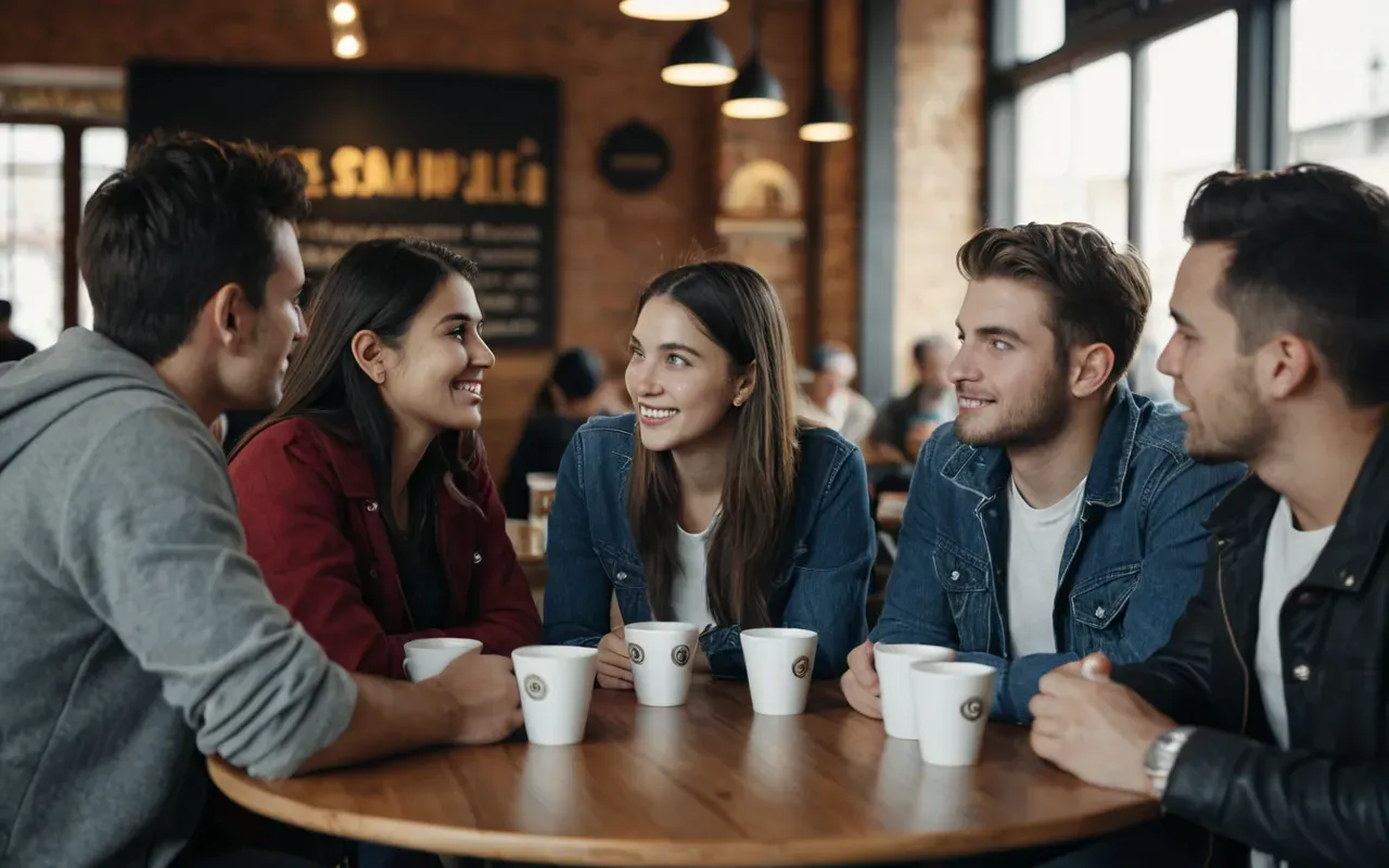 A group of young adults sitting in a modern cafe. They are holding coffee cups and looking at each other while talking naturally.